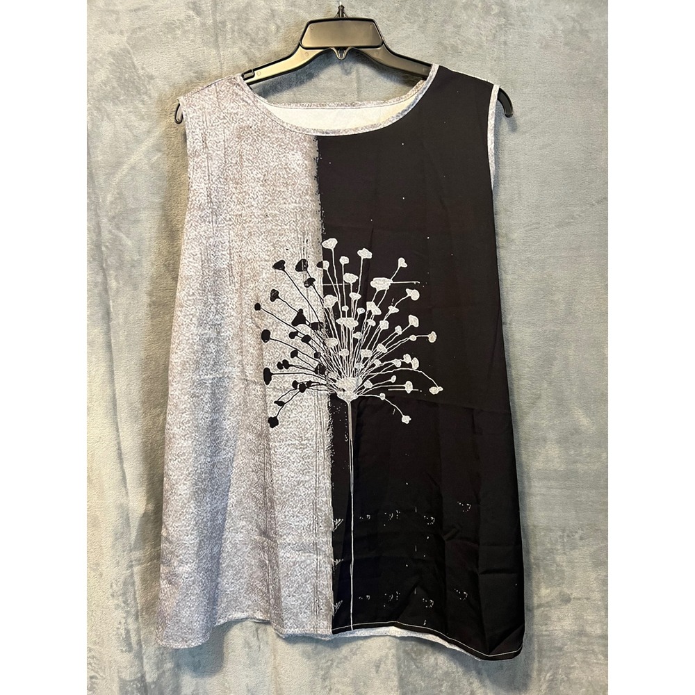 Sleeveless A-Line Tunic Dress Black Grey Dandelion Print Artsy Top Womens Plus